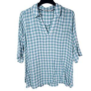 Soft Surroundings Aqua & White Gingham Check Blouse 2X 3/4 Split Sleeve Pockets